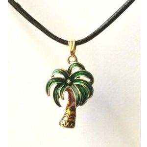 Gold Coconut Palm Tree Necklace Island Beach 21" Green Enamel Black Leather Cord